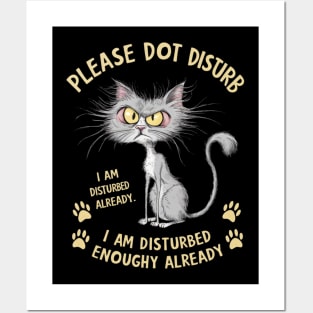 A whimsical cartoon drawing of a disheveled cat, with its fur sticking out in all directions and large yellow eyes showing irritation. (6) Posters and Art